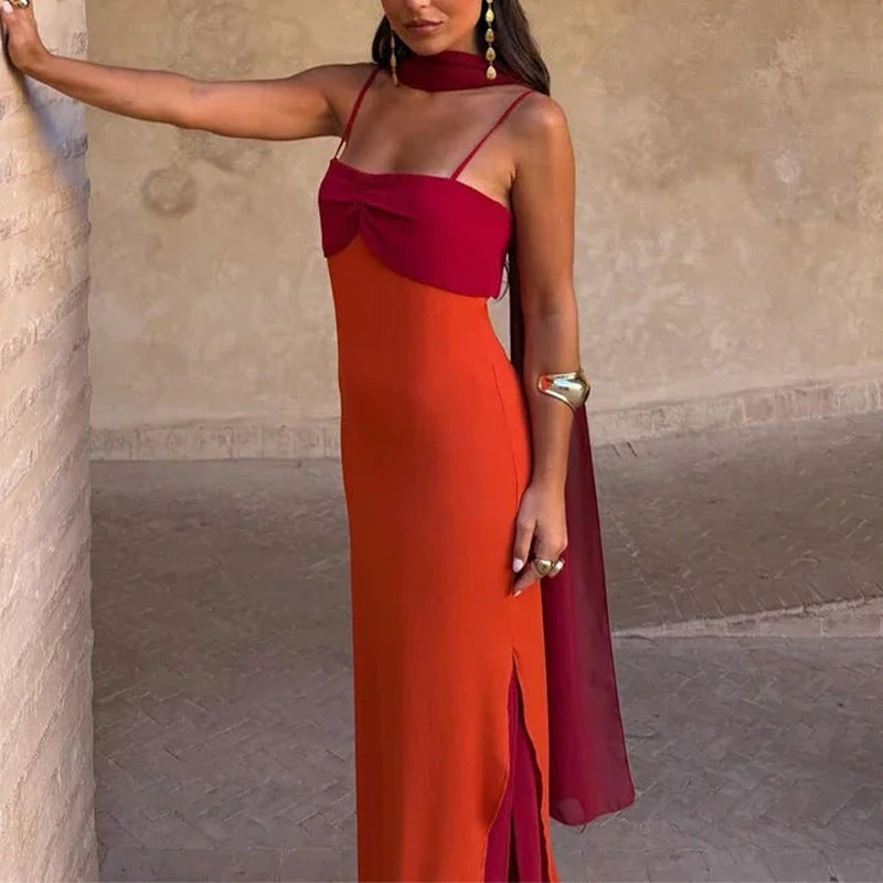 Foreign Trade Women's Clothing Summer Dress Fashionable Color-Block Scarf Collar Slim Fit Bodycon Strap Dress