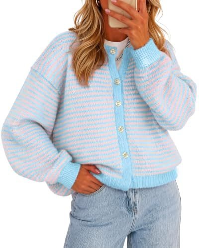 Hot Selling Women's Fall Winter Casual Striped Button Cardigan Knit Sweater Top