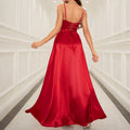 Red Satin Strap Slit A-line Evening Gown