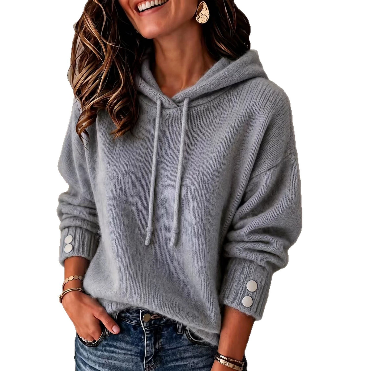 Women's Hooded Drawstring Sweatshirt Loose-fit Sweater