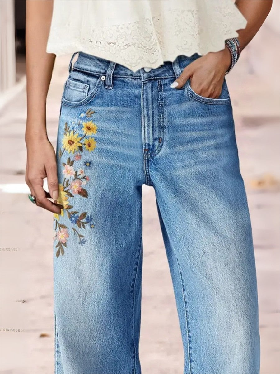 Women's Light Blue Wide Leg Jeans Floral Embroidery Washed Denim Pants Boho Vintage Style Ready Stock