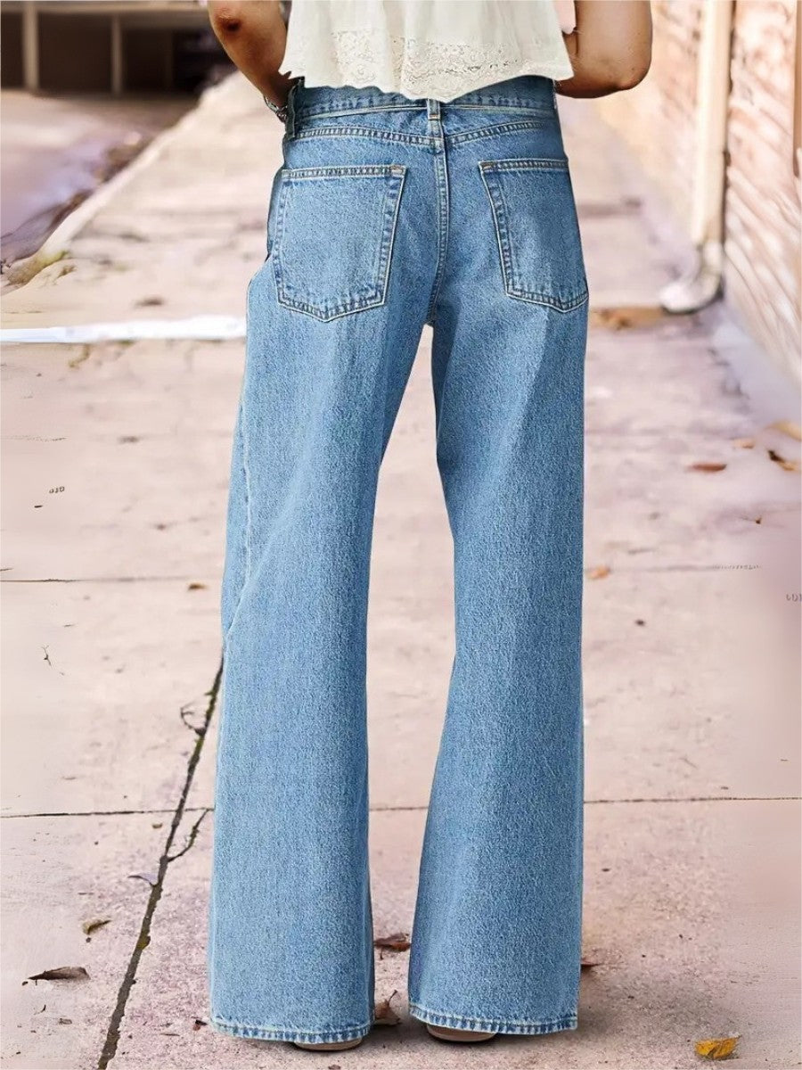 Women's Light Blue Wide Leg Jeans Floral Embroidery Washed Denim Pants Boho Vintage Style Ready Stock
