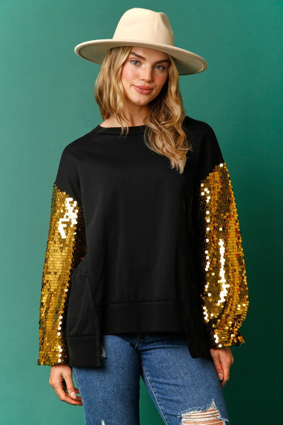 Christmas Sequined Sleeve Top Spliced Long-Sleeve Womens Sweatshirt
