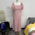 Womens Solid-color Puff-sleeve Waist-cinching Slimming Dress With Tie Detail