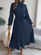 2026 European And American Women's Autumn And Winter Elegant Standing Collar Long Sleeved Waist Cinched Pleated Long Skirt Small Dress