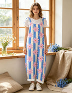 Women Floral Stripe Print Overalls, Adjustable Tie Shoulder Wide Leg Bib Pants Casual Jumpsuit