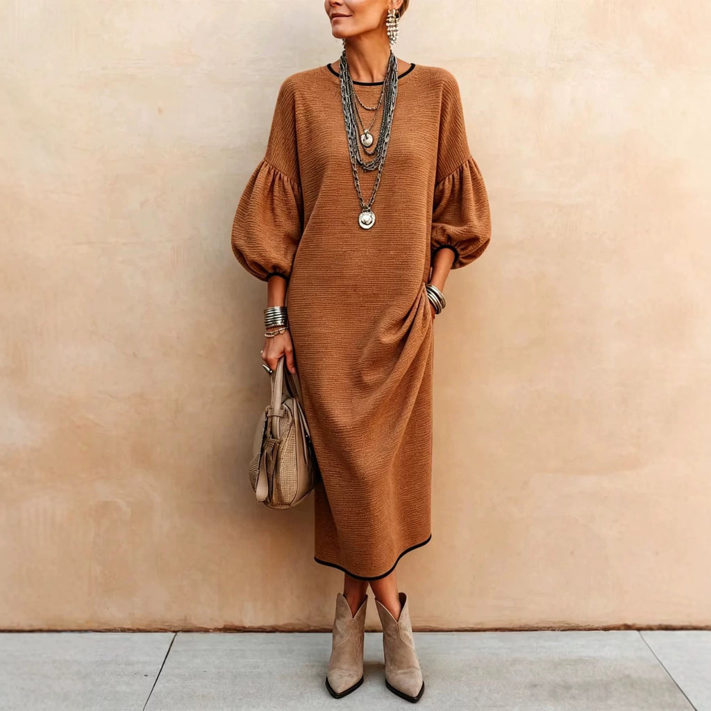 Womens Knitted Mid-Length Dress With Bubble Sleeves