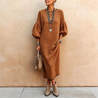 Womens Knitted Mid-Length Dress With Bubble Sleeves