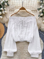 Womens One-shoulder Waist-cinching Lace-panel Long-sleeve Top With Tie Detailing