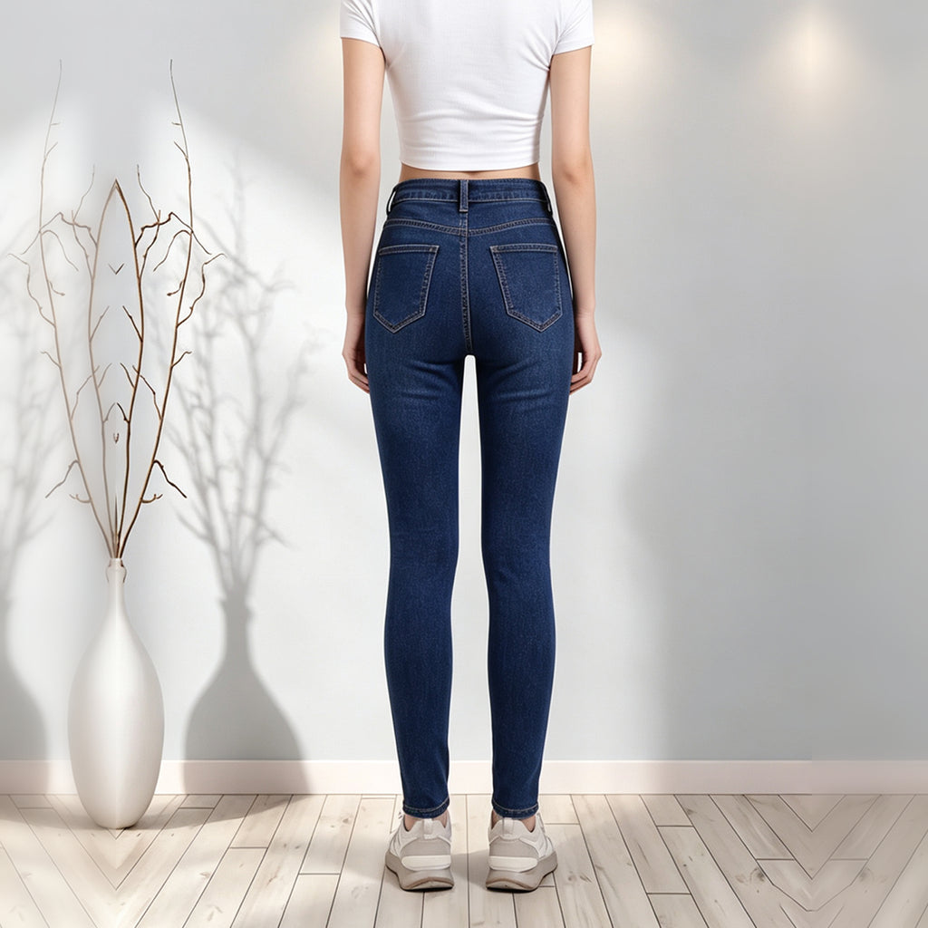 High Waist Distressed Skinny Jeans For Women, Dark Blue Multi Ripped Stretch Denim Trousers