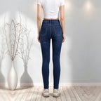 High Waist Distressed Skinny Jeans For Women, Dark Blue Multi Ripped Stretch Denim Trousers