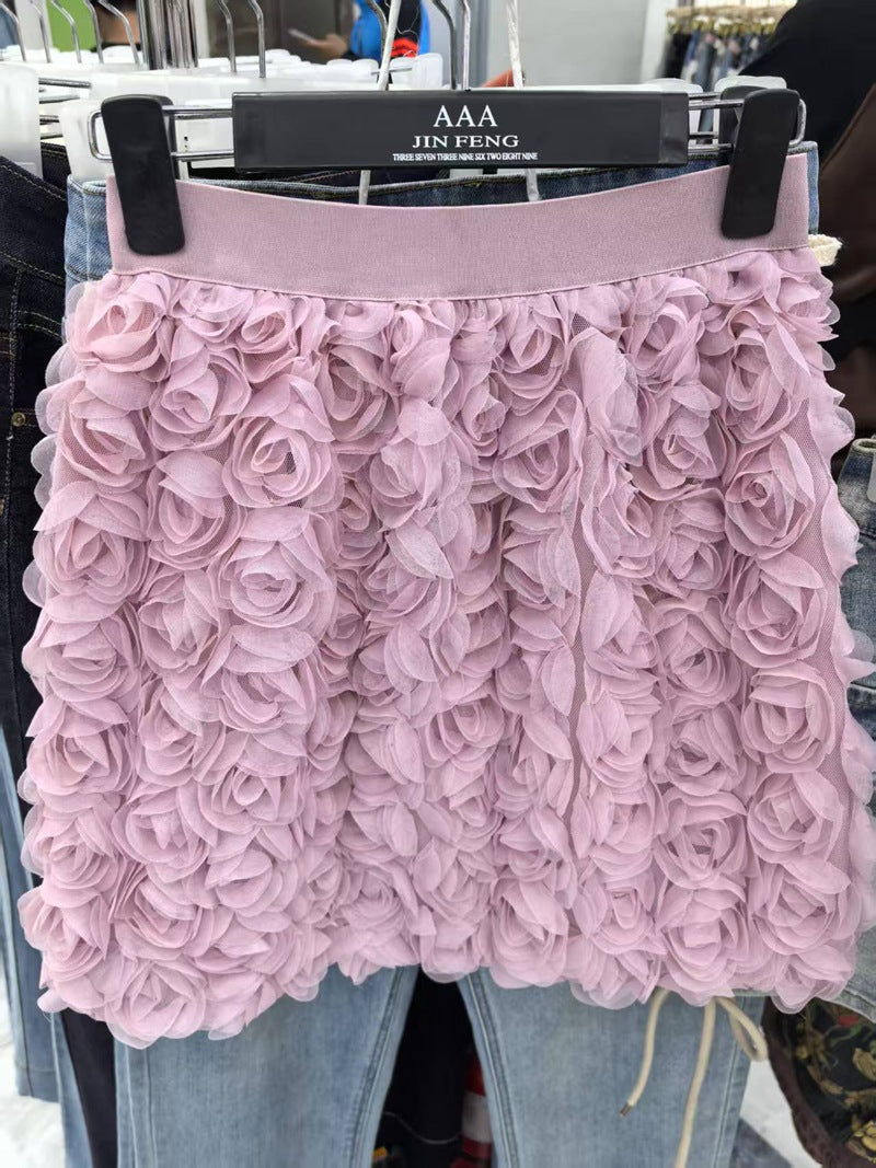 White High-waisted Three-dimensional Rose-decorated Feminine Skirt