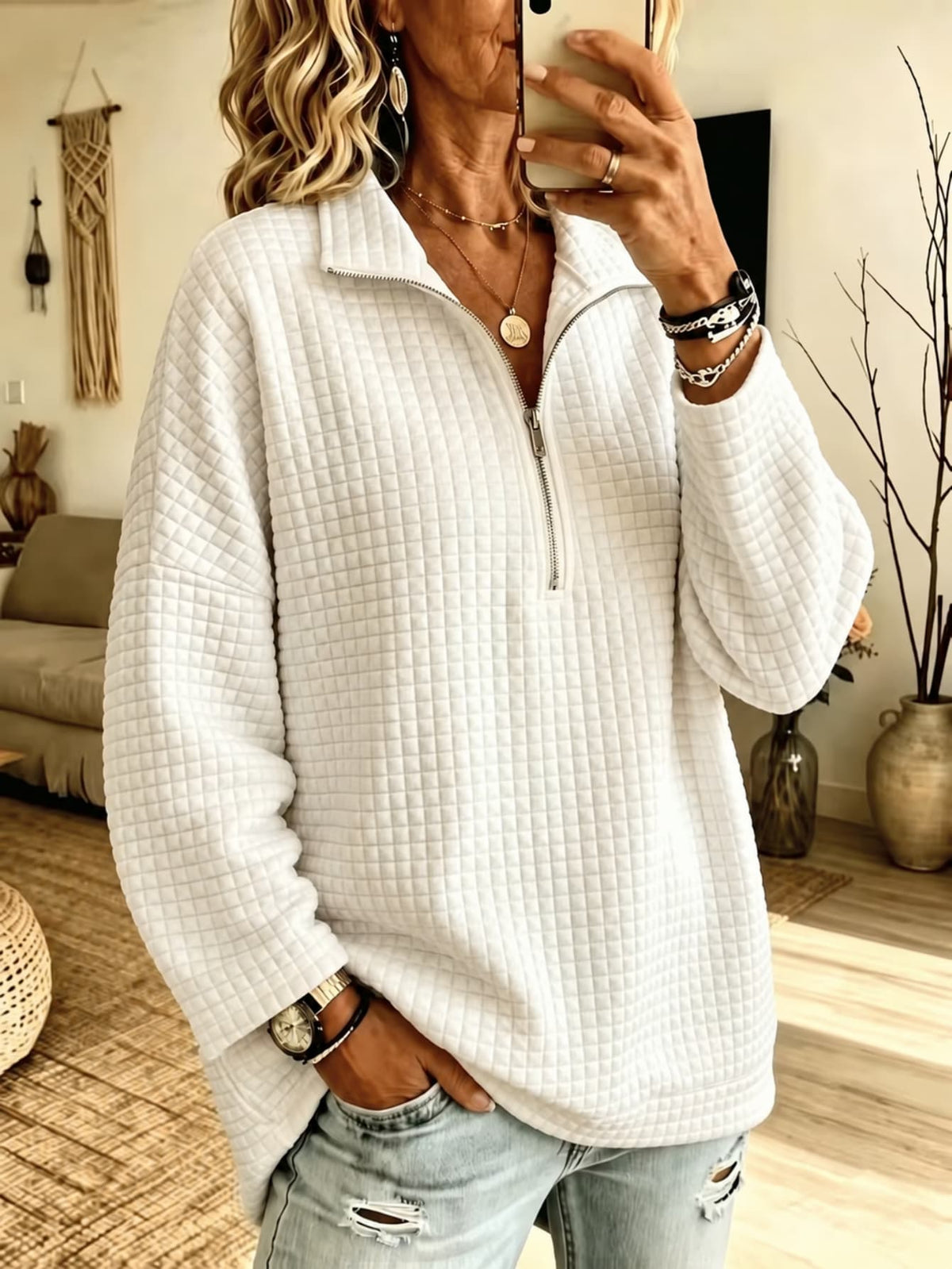 Waffle Zipper Long Sleeved Shirt