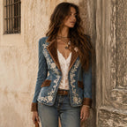 Notch-collar Suede Patchwork Floral-print Blazer