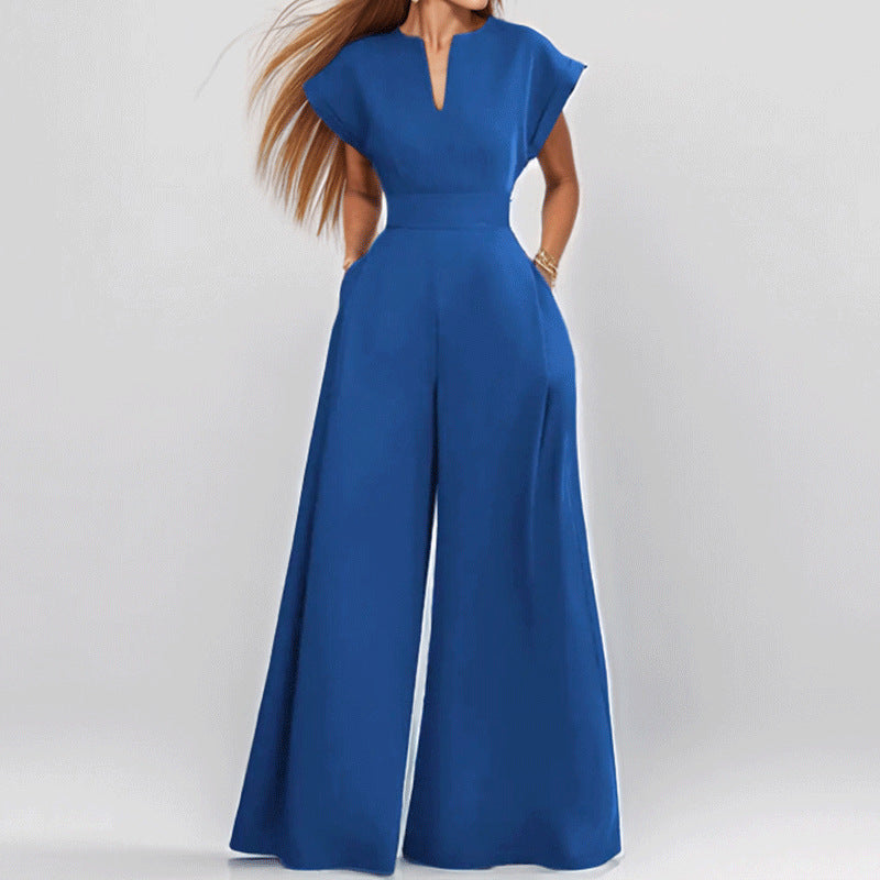 Summer New Style Cross-Border European And American Foreign Trade Women's Clothing Fashionable Commuter V-Neck Waist-Cinching Solid Color Wide-Leg Jumpsuit