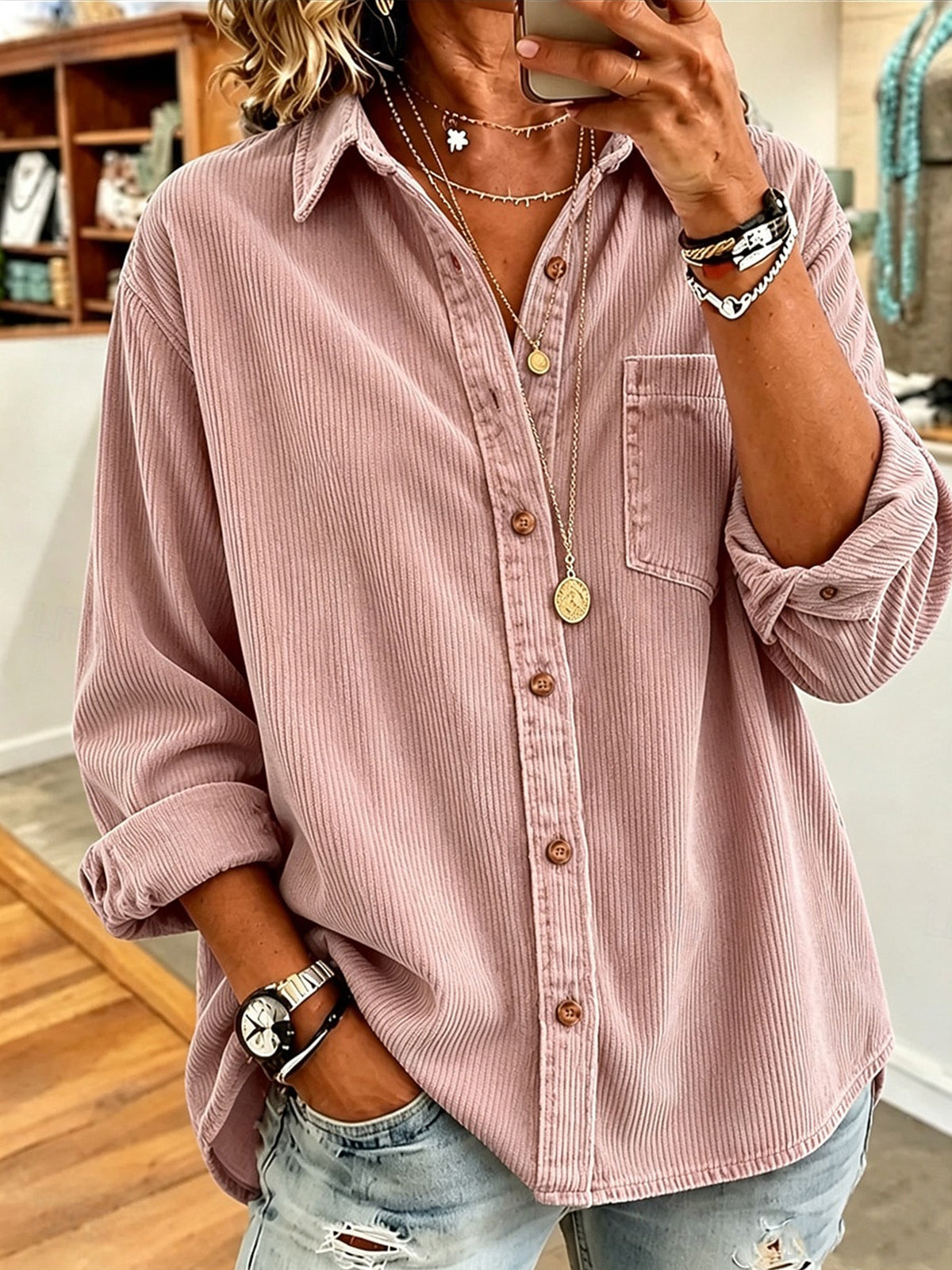 Retro Lapel Long-sleeved Corduroy Casual Loose-fit Thick Women's Garment