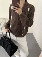 Women's Korean-style Vintage Argyle Collared Knit Cardigan, 2026 Autumn-Winter New Arrival, Soft Loose Lazy-Style Sweater Coat