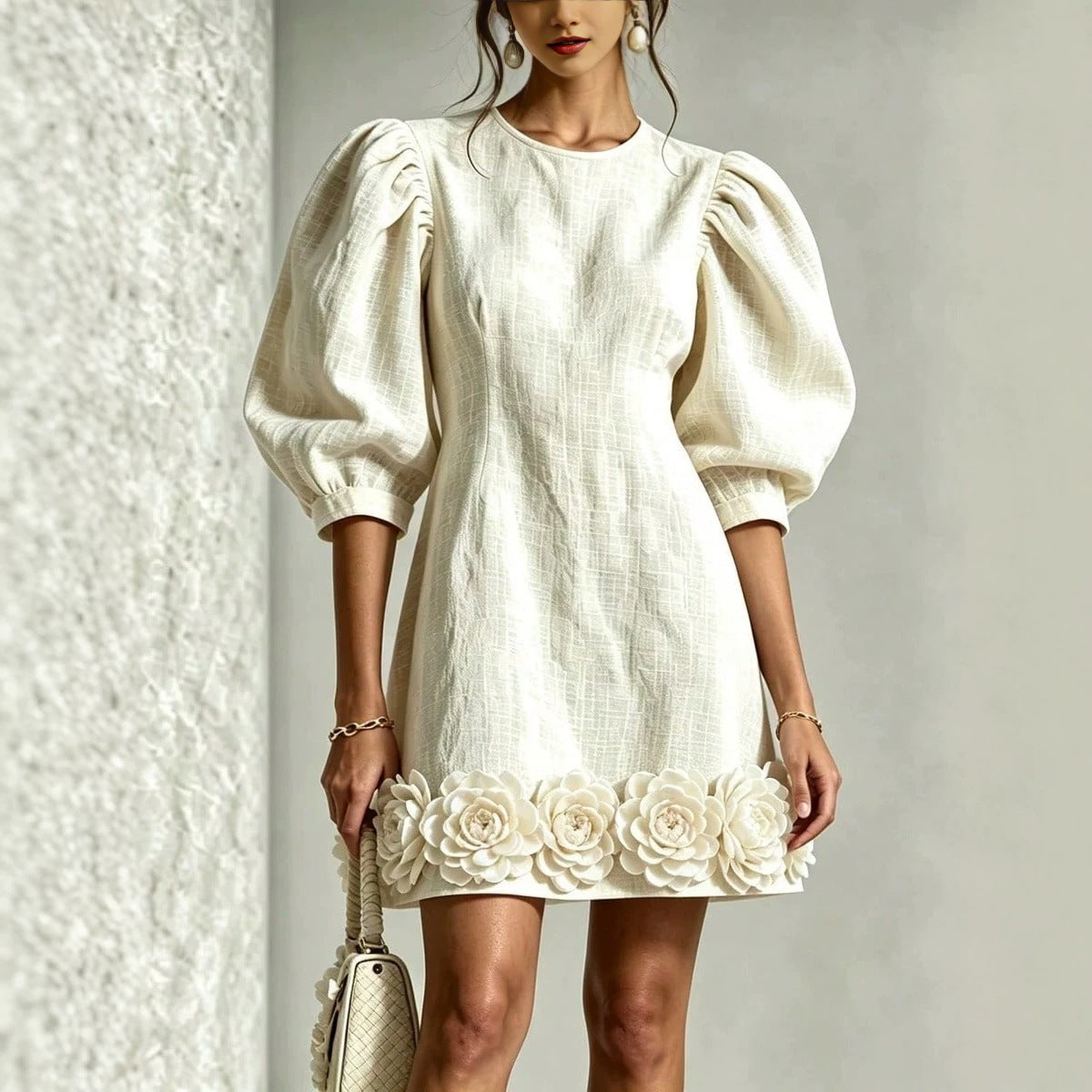 Floral Puff-sleeve Mini Dress For Women