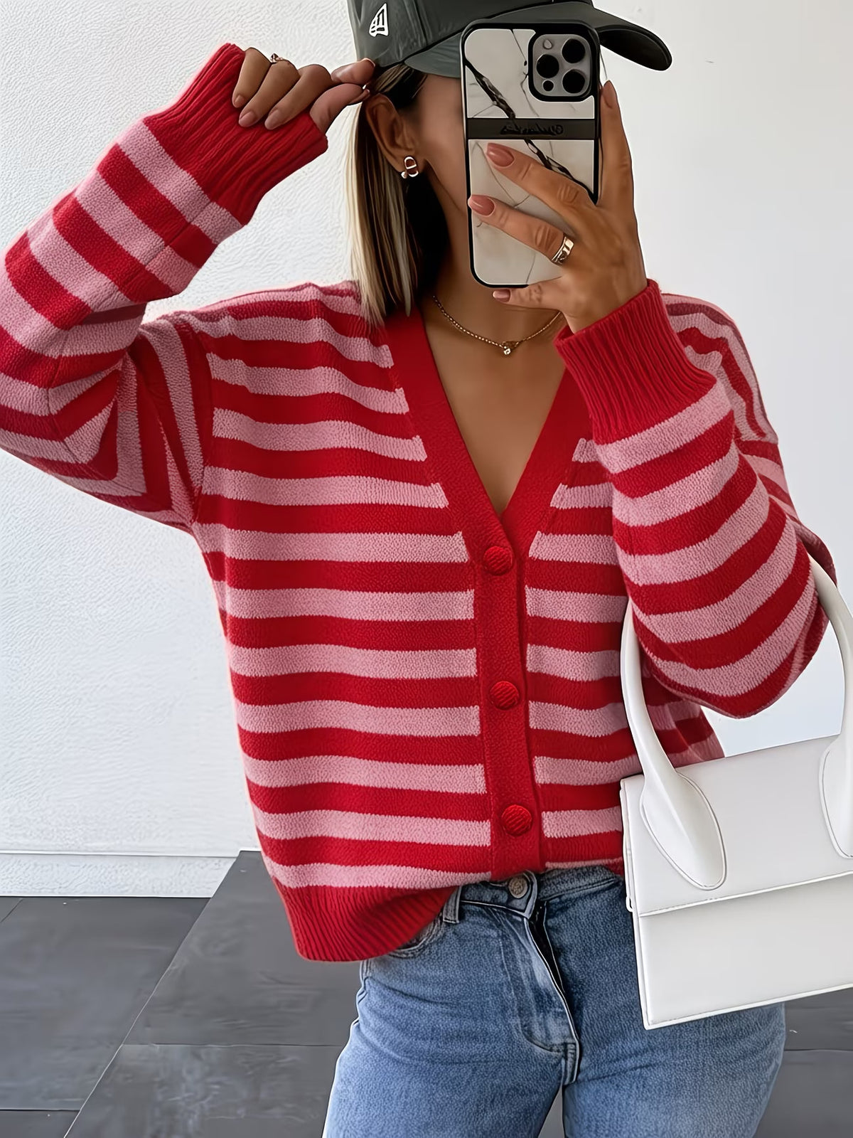 Womens Fashionable Contrasting-Color Striped Knitted V-Neck Coat