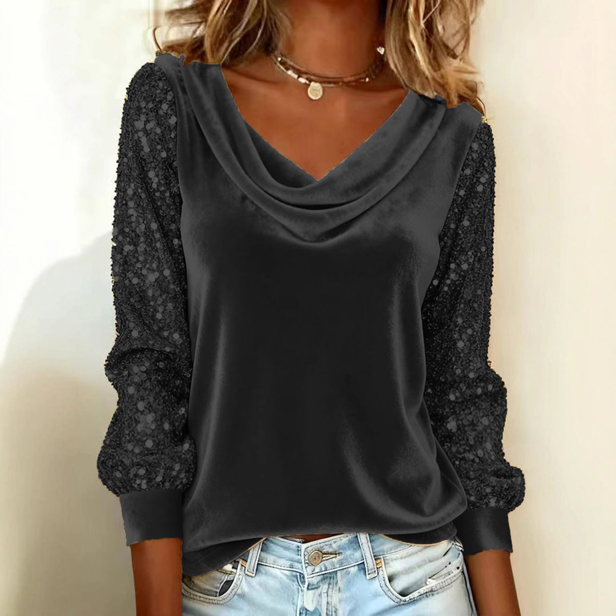 New European And American Cross-Border Fashion Women's Velvet Stacked Collar Sequin Patchwork Long-Sleeve T-Shirt Top