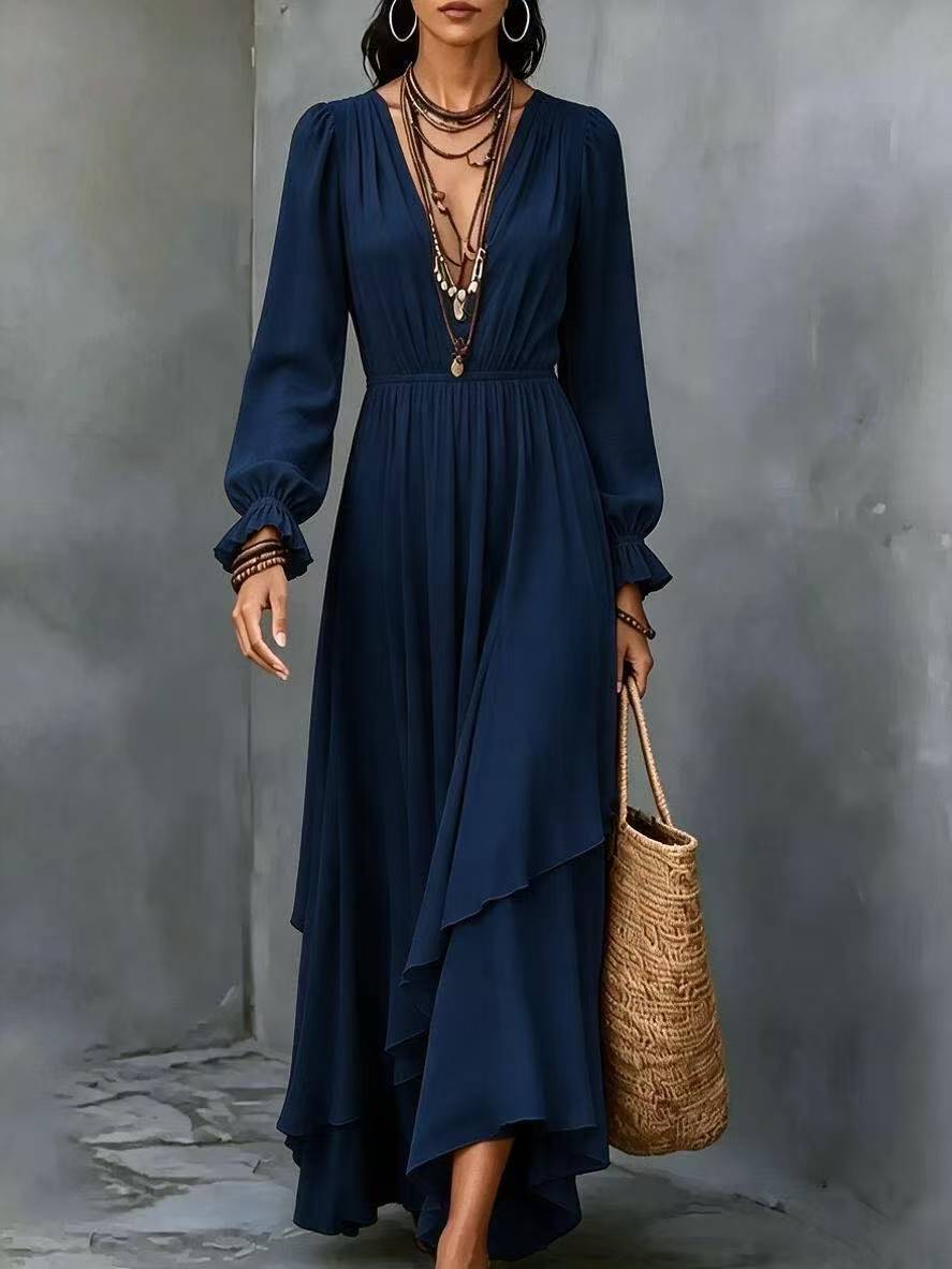 Solid-color V-neck Asymmetrical Chiffon Long-sleeve Dress With Ruffled Hem