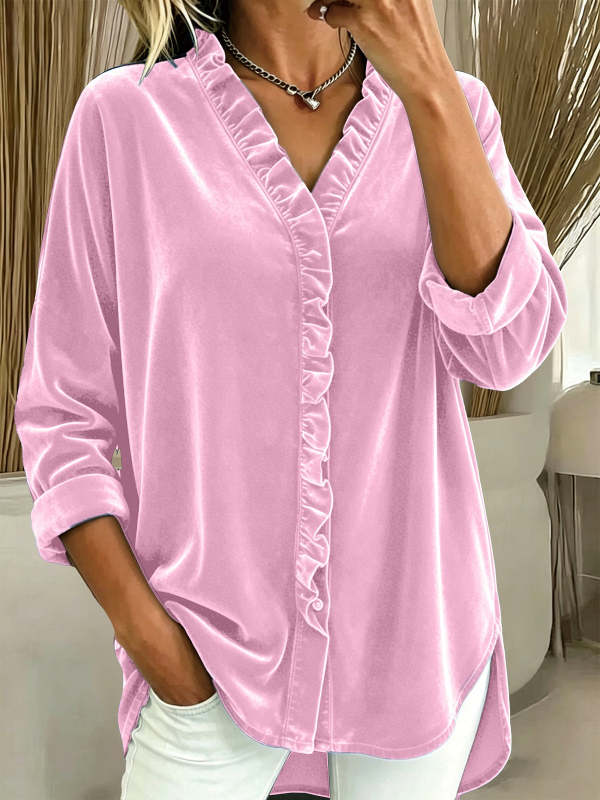2026 New Arrival Women Korean Velvet Knit Top Solid Color V Neck Ruffle Long Sleeve Blouse For European & American Market