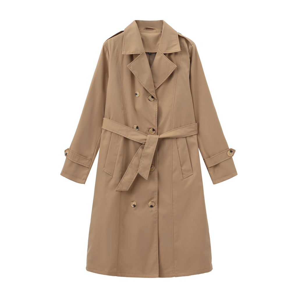 Casual Waist Cinching Trench Coat For Fall Winter, Elegant Long Women Outerwear With Double Breasted Design, Model