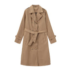 Casual Waist Cinching Trench Coat For Fall Winter, Elegant Long Women Outerwear With Double Breasted Design, Model