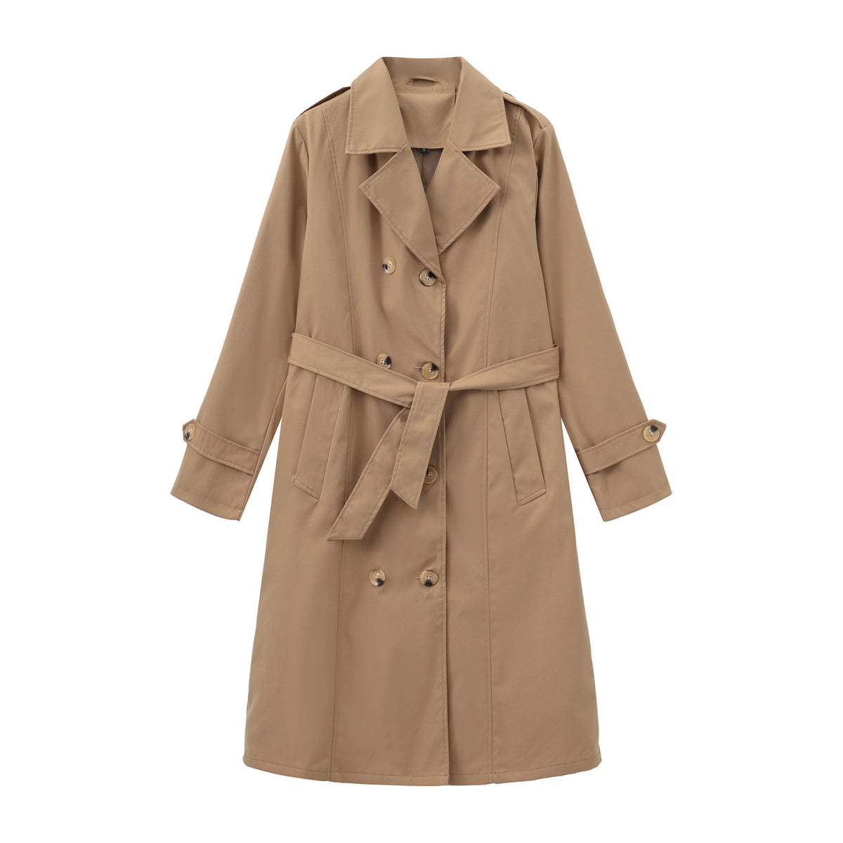 Casual Waist Cinching Trench Coat For Fall Winter, Elegant Long Women Outerwear With Double Breasted Design, Model