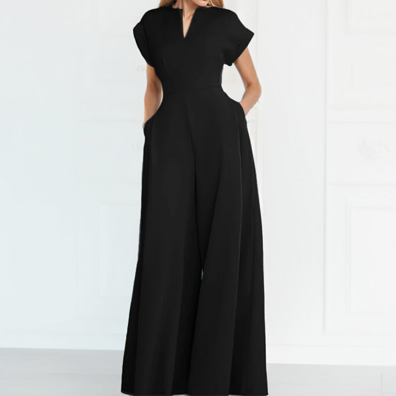 Summer New Style Cross-Border European And American Foreign Trade Women's Clothing Fashionable Commuter V-Neck Waist-Cinching Solid Color Wide-Leg Jumpsuit
