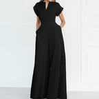 Summer New Style Cross-Border European And American Foreign Trade Women's Clothing Fashionable Commuter V-Neck Waist-Cinching Solid Color Wide-Leg Jumpsuit