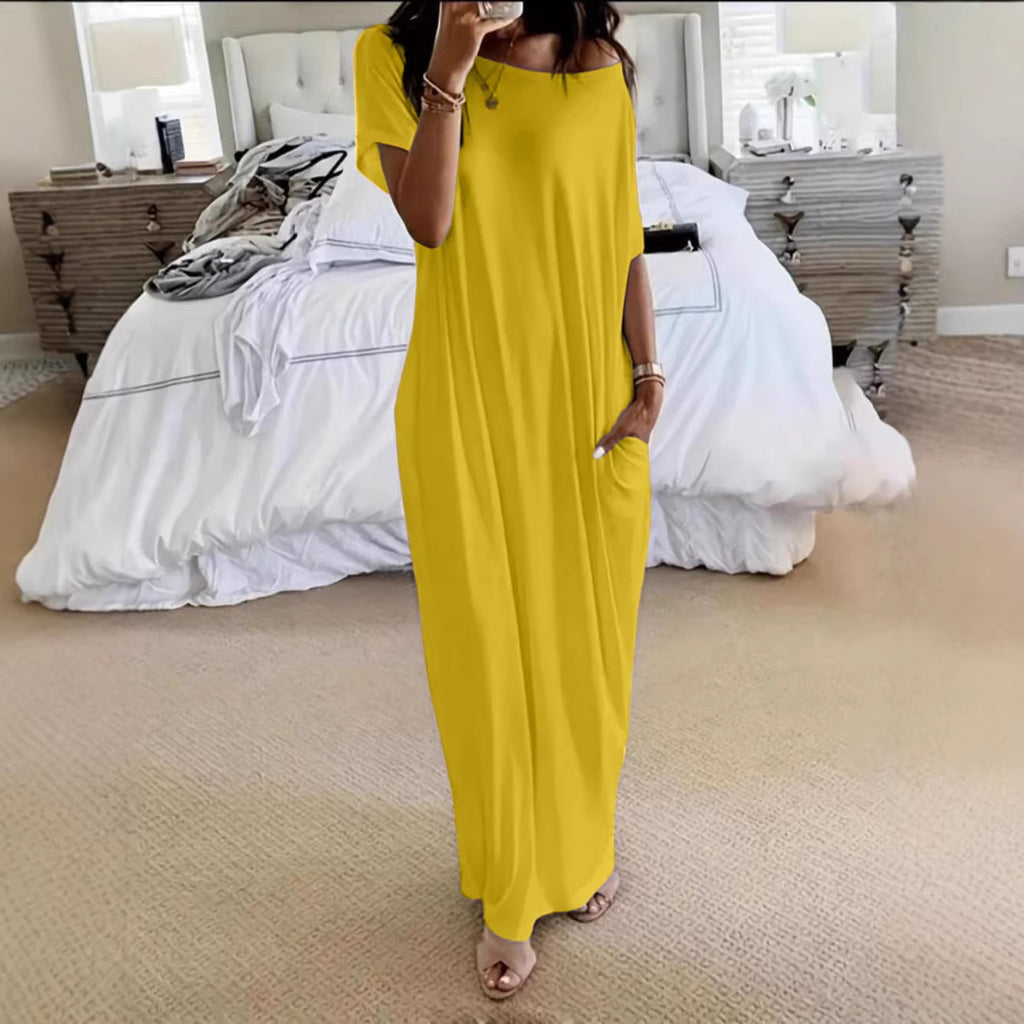 Trendy New Summer Women's Solid Color Short Sleeve Long Casual Dress