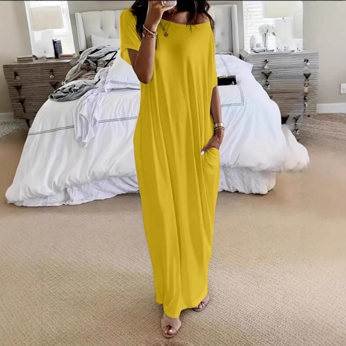 Trendy New Summer Women's Solid Color Short Sleeve Long Casual Dress