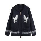Fashionable Two-Way Zipper Shark Jacquard Embroidered Knit Cardigan