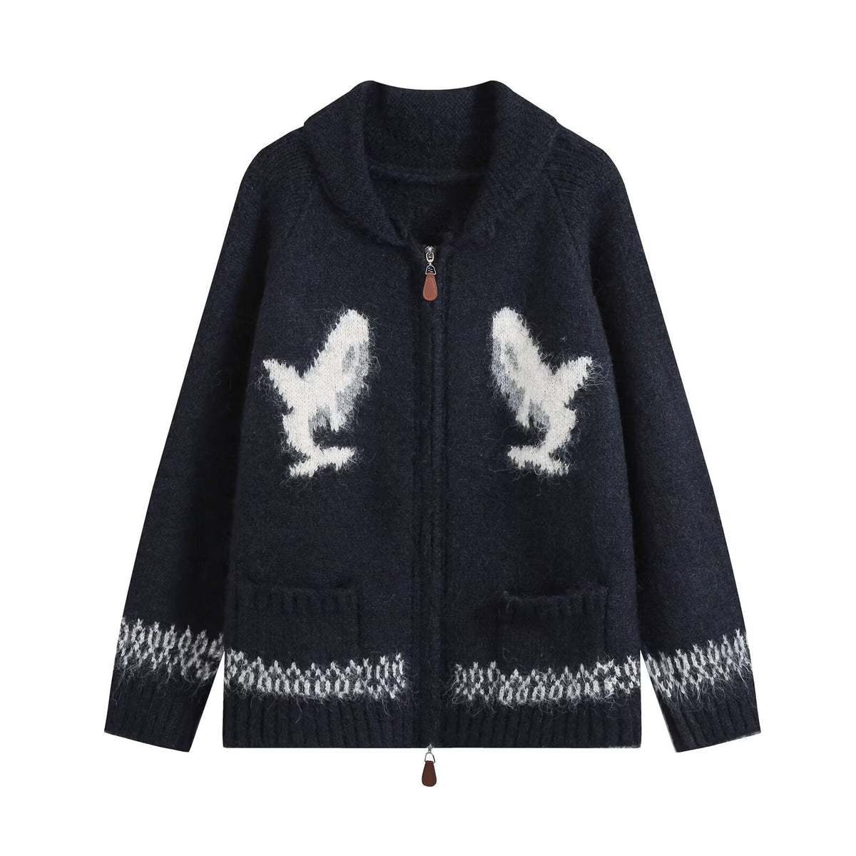 Fashionable Two-Way Zipper Shark Jacquard Embroidered Knit Cardigan