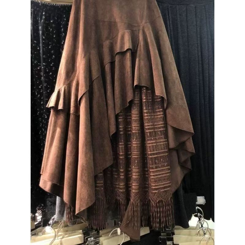 New AutumnWinter Irregular Ruffled Hem Vintage Suede And Lace Patchwork Womens Skirt
