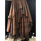 New AutumnWinter Irregular Ruffled Hem Vintage Suede And Lace Patchwork Womens Skirt