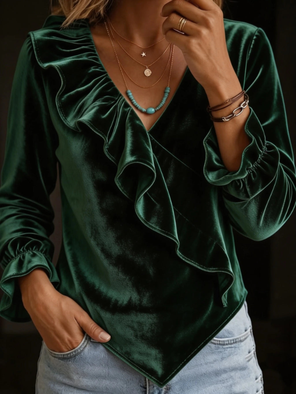 Womens Velvet V-neck Ruffled Top