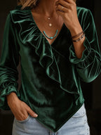 Womens Velvet V-neck Ruffled Top