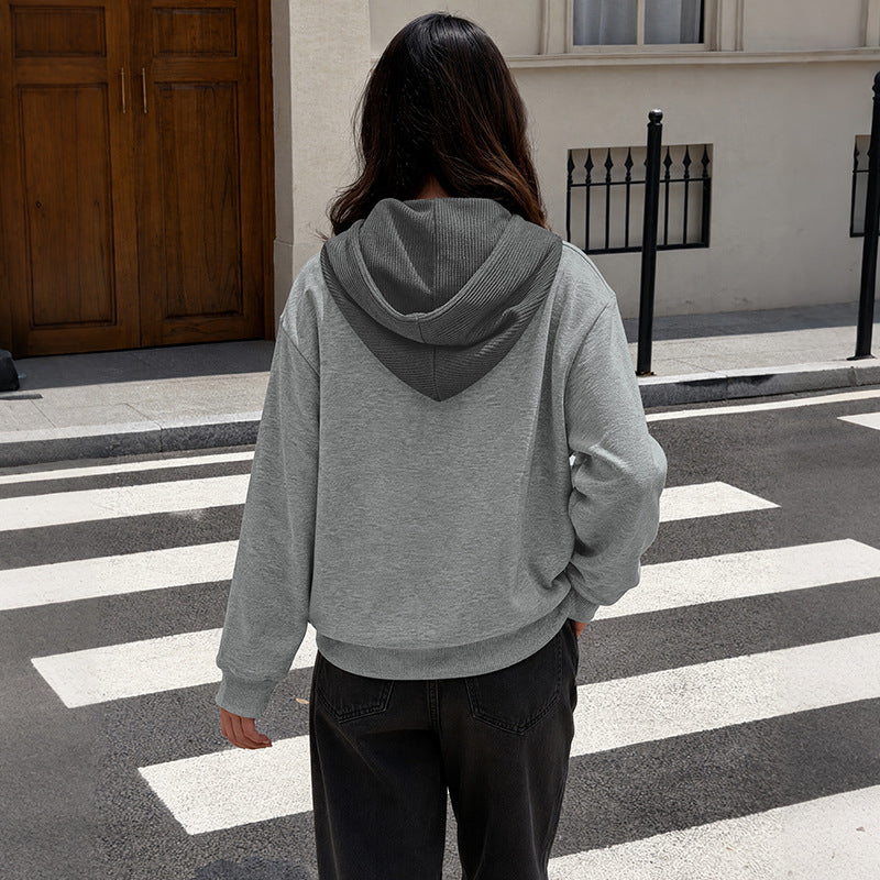 Women's Relaxed-fit Loose-fitting Patchwork Color-block Hooded Sweatshirt