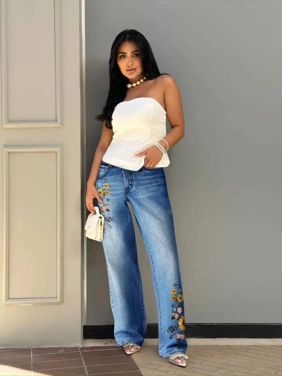Women's Light Blue Wide Leg Jeans Floral Embroidery Washed Denim Pants Boho Vintage Style Ready Stock
