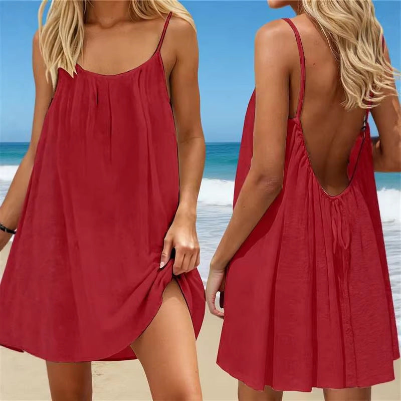 Women's Ice Silk Crinkled Solid Color Ruched Backless Slip Mini Dress, Beach Vacation Dress