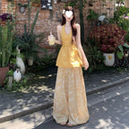 Yellow Halter-top And Waist-cinching Wide-leg Pants Summer Two-piece Set