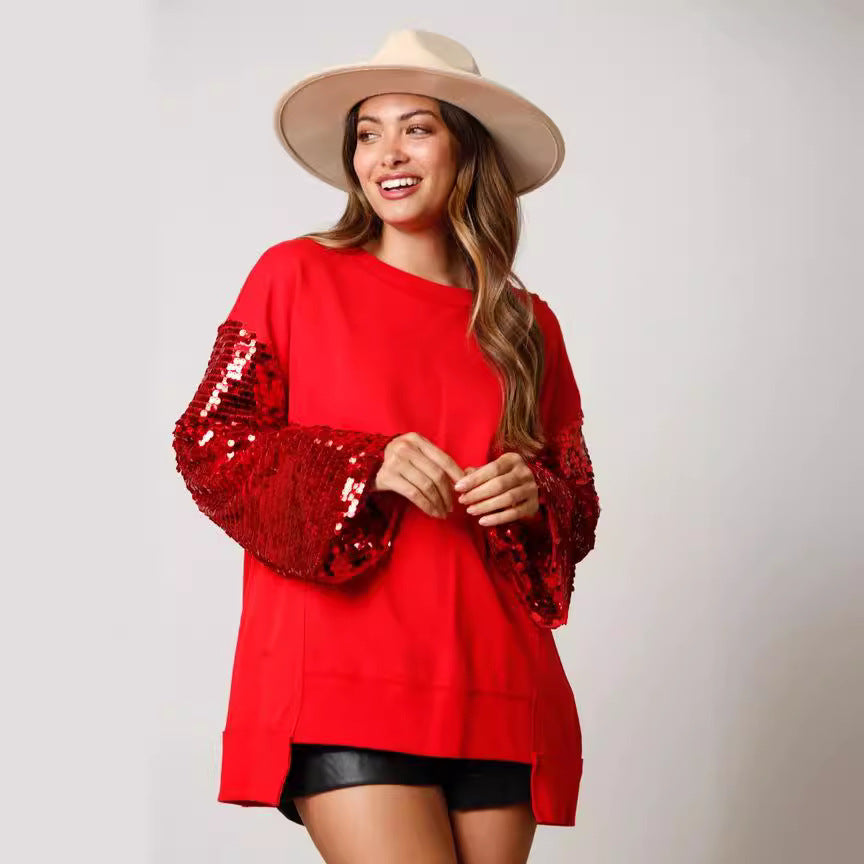 Christmas Sequined Sleeve Top Spliced Long-Sleeve Womens Sweatshirt