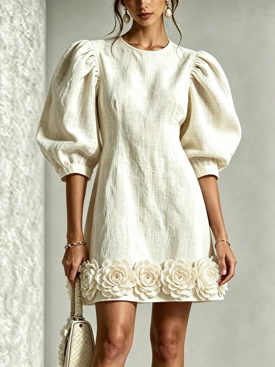 Floral Puff-sleeve Mini Dress For Women