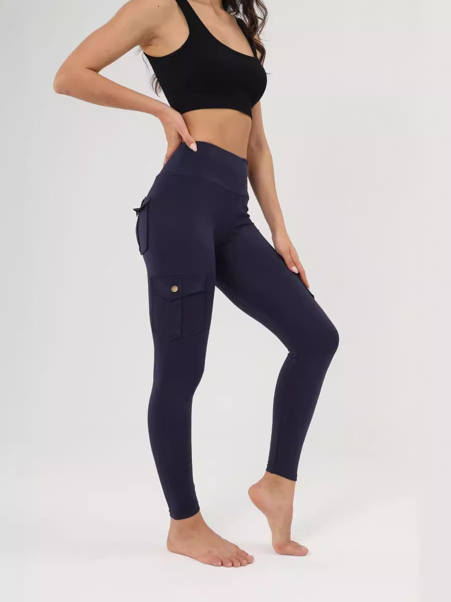 Amazon Wish Cross-border Breathable Hip Lifting Button Pocket Sports Brushed Nude Yoga Slimming Tight Leggings