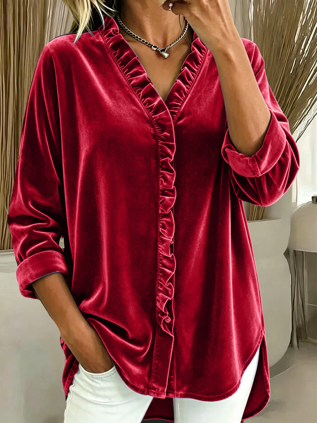 2026 New Arrival Women Korean Velvet Knit Top Solid Color V Neck Ruffle Long Sleeve Blouse For European & American Market