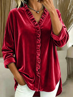 2026 New Arrival Women Korean Velvet Knit Top Solid Color V Neck Ruffle Long Sleeve Blouse For European & American Market