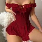 Mesh Ruffled Off-shoulder Strap Delicate Nightgown Set With Pants And Bra