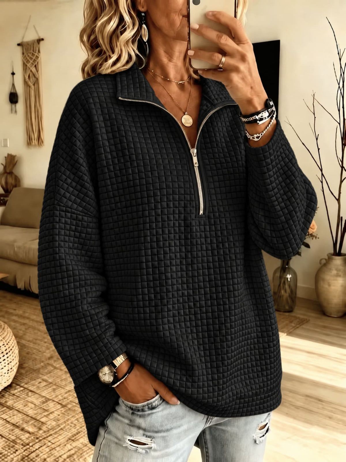 Waffle Zipper Long Sleeved Shirt